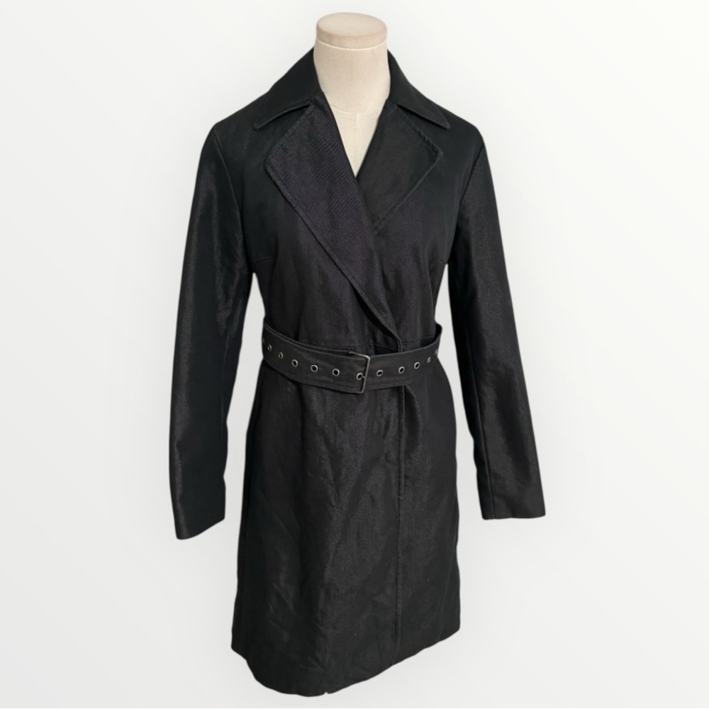 BANANA REPUBLIC Charcoal Black Denim Belted Trench Coat Jacket Fur Lined M Warm
